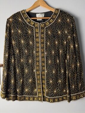 Vintage Sink Papell Boutique Black Jacket with Gold Beaded Floral Embroidery